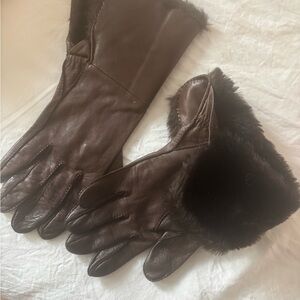 Vtg cerruti paris brown leather gloves with fur cuffs